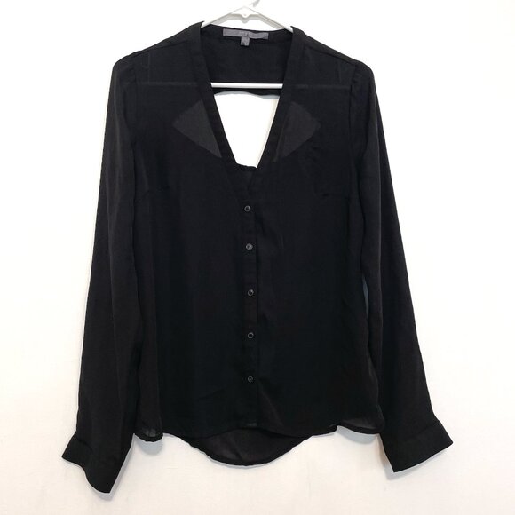GUESS Black Chiffon V-Neck Long Sleeve Cutout Back Y2K Button Down Shirt Blouse - Picture 2 of 15